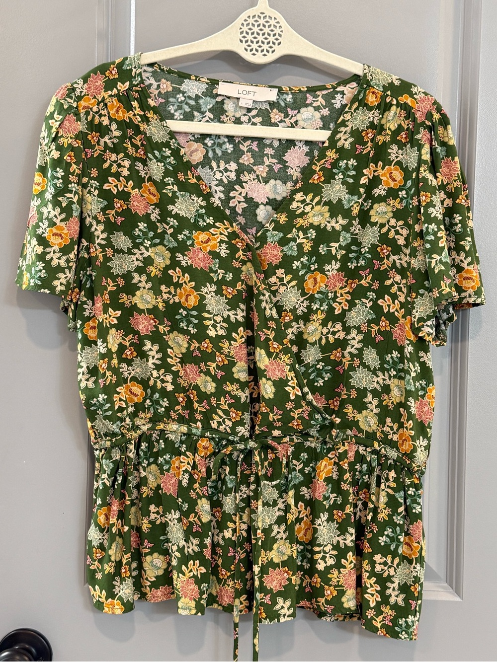LOFT Olive Green Floral V-Neck Peplum Top - Picture 3 of 5